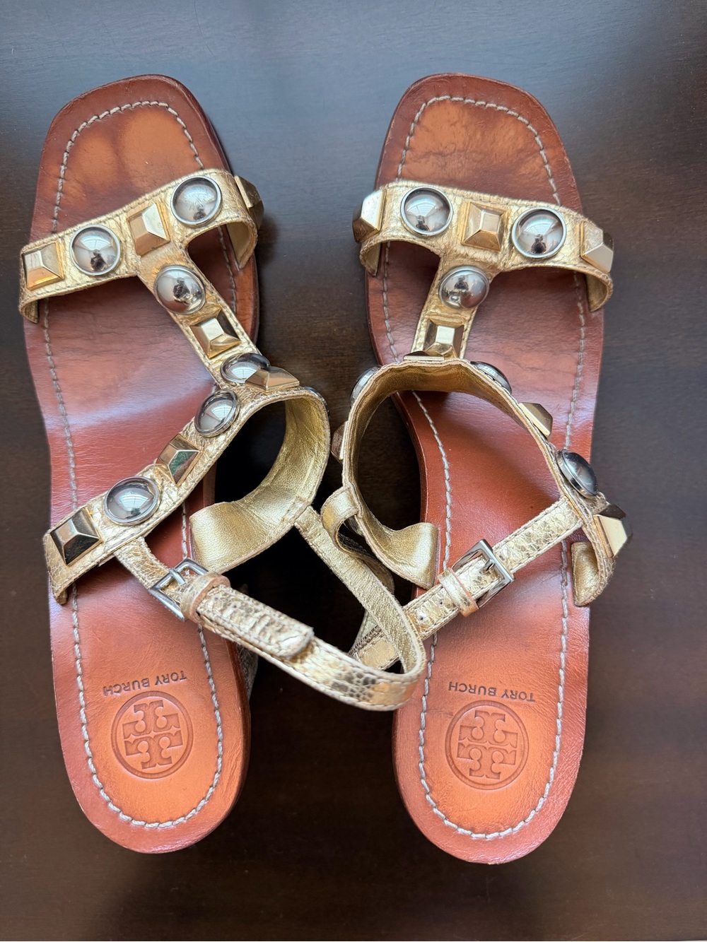 Tory Burch Gold Leather Studded T-Strap Slingback Sandals - Picture 8 of 8